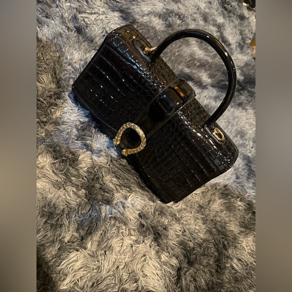 Handbags - Elegant Black Crocodile-Embossed Handbag